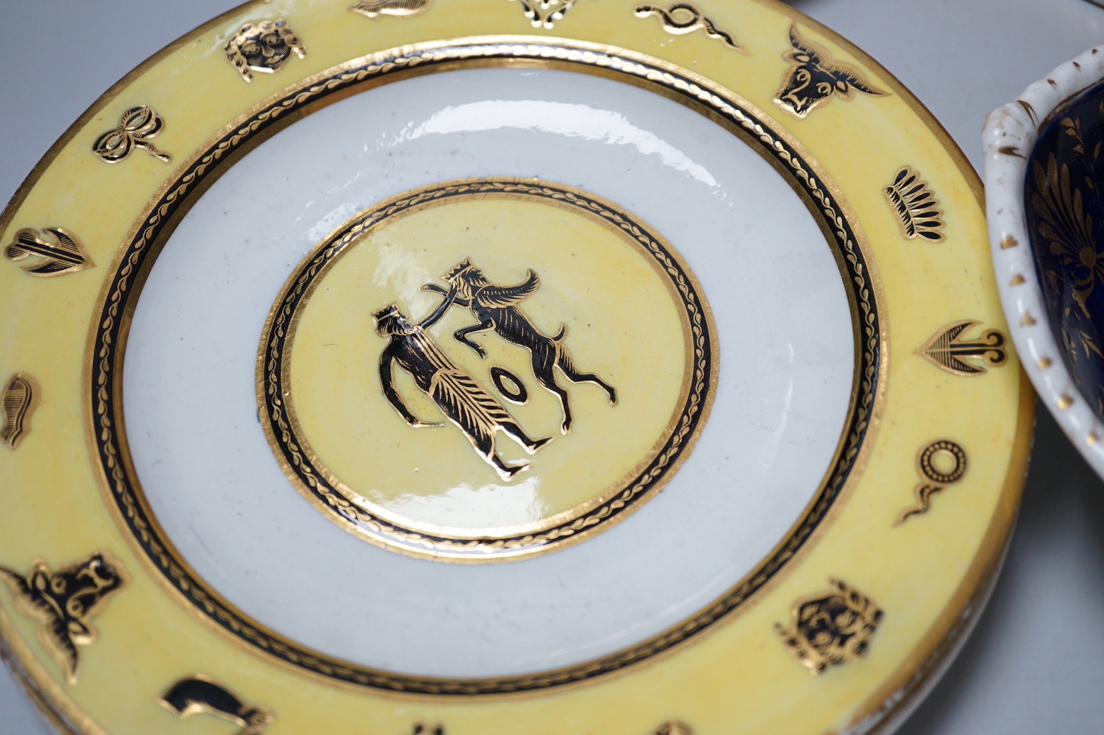 A small group of late 18th and 19th century Derby porcelain including bough pot, 23cm wide, dishes, plates, lidded pot and stand